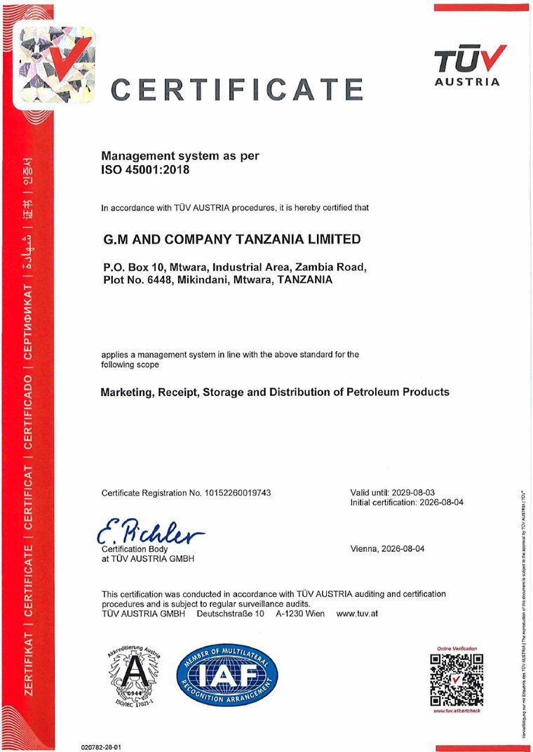 TÜV AUSTRIA ISO 45001:2018 certificate issued to G.M and Company Tanzania Limited