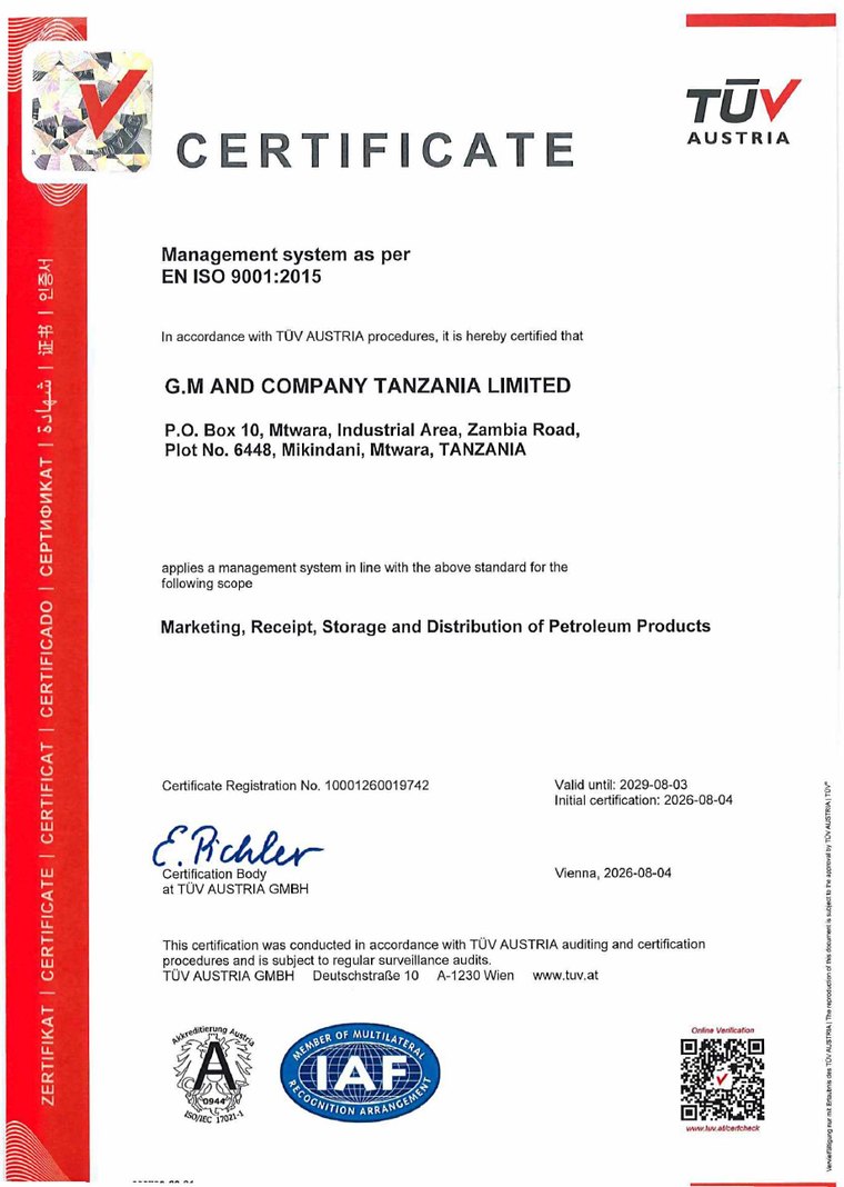 TÜV AUSTRIA EN ISO 9001:2015 certificate issued to G.M and Company Tanzania Limited